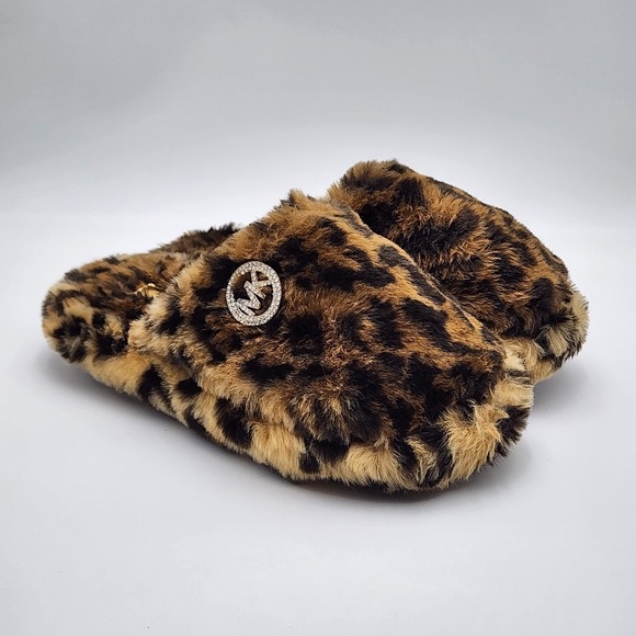 Michael Kors Jet Set Women's Slippers 7 Faux Fur Brown Leopard Slide Bling Logo - Picture 1 of 9